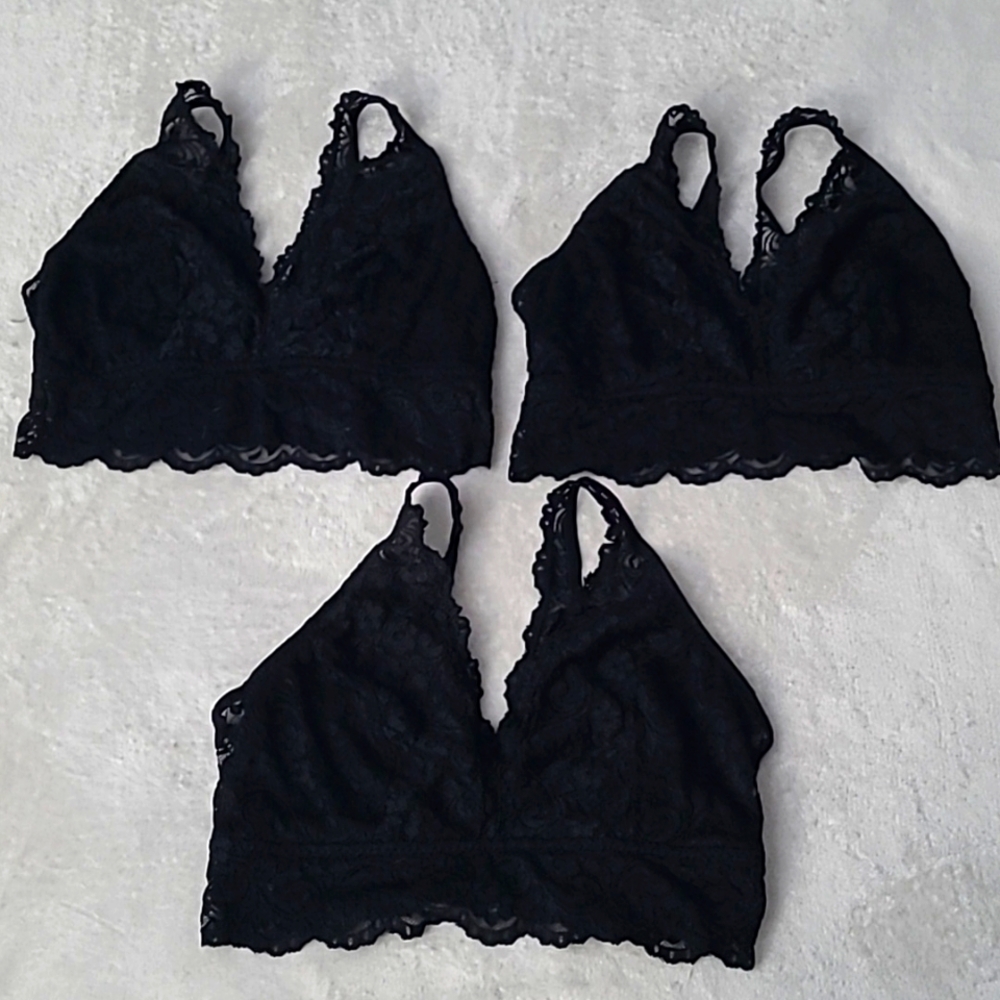Black Lace Bralette Set Of 3 Womens V-Neck Unlined Stretch Lingerie Top Size L
